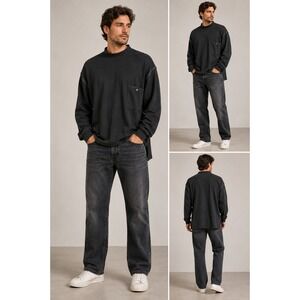 Axis Mens Size‎ M Black Mock Neck Long Sleeve Pocket T-Shirt 100% Combed Cotton